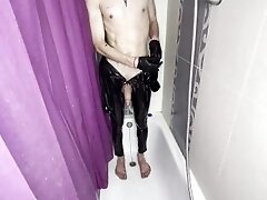 I put on gloves and a latex suit, went to the shower to jerk off a big dick, cum and wash